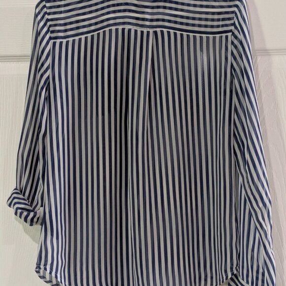 BCX Women's Sheer Striped Blouse Blue White, Size M, Long Sleeve, Button Front - Picture 9 of 16